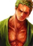  1boy earrings jewelry looking_at_viewer male muscle one-eyed one_piece open_clothes open_shirt robe roronoa_zoro scar serious simple_background solo tsuyomaru white_background 