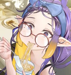  :t blue_hairband blush bra_strap chopsticks commentary eating english_commentary food food_in_mouth food_on_face from_above glasses gradient_hair hairband highres holding holding_chopsticks hololive hololive_english instant_cup_noodles instant_noodles instant_ramen looking_at_viewer mole mole_under_eye multicolored_hair ninomae_ina'nis noodles off-shoulder_shirt off_shoulder orange_hair pointy_ears purple_hair ramen red-framed_eyewear round_eyewear shirt tentacle_hair vinoillust violet_eyes virtual_youtuber yellow_shirt 