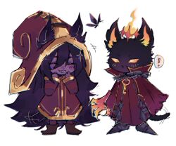  ! 1boy 1girl absurdres animal_ears black_fur black_hair body_fur colored_skin commentary english_commentary furry furry_male hat highres key league_of_legends long_hair looking_at_viewer lulu_(league) official_alternate_costume open_mouth pix_(league) pointy_ears purple_hair purple_skin red_hat rhaastyogurt smile veigar_(league) witch_hat yellow_eyes yordle 