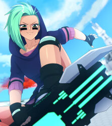  1girl aqua_hair asymmetrical_hair black_boots black_gloves blue_hoodie blue_sky blurry blurry_background boots clip_studio_paint_(medium) closed_mouth clouds collarbone commentary day dutch_angle elbow_pads english_commentary eyelashes facepaint fingerless_gloves gloves green_eyes highres hood hood_up hoodie hoverboard knee_pads long_sleeves patreon_username reese_chloris rwby schrwby short_hair sky smile solo split_mouth v-shaped_eyebrows 
