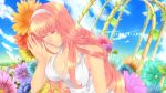  breasts cleavage closed_eyes clouds flower hairband halterneck highres long_hair megurine_luka pink_hair plant sky smile vocaloid 