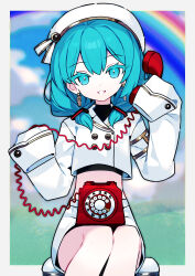 1girl absurdres antique_phone aqua_eyes aqua_hair beret black_shirt buttons clouds cropped_jacket double-parted_bangs earrings hair_between_eyes hat hatsune_miku highres holding holding_phone jacket jewelry low_twintails outside_border phone rainbow rotary_phone shio_0585 shirt sitting skirt sleeves_past_fingers sleeves_past_wrists smile solo twintails vocaloid white_hat white_jacket white_skirt wonder_(vocaloid) 