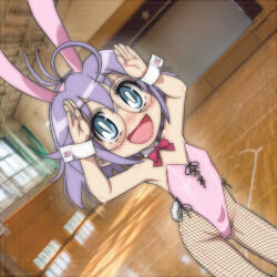  1girl animal_ear_hairband animal_ears blush fake_animal_ears fishnet_pantyhose fishnets hairband highres honoo_no_toukyuujo:_dodge_danko kobotoke_chinko pantyhose playboy_bunny purple_hair rabbit_ear_hairband rabbit_ears rabbit_pose school_gym smile t_jiroo_(ringofriend) 