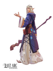  1boy blonde_hair blue_eyes blue_robe book_holster brown_shoes circlet commentary elf english_commentary english_text ff69_(ff69x) hat highres hood hooded_robe jewelry last_arc:_tactics_analogue long_hair looking_at_viewer mage_staff official_art outstretched_hand pointy_ears potion ring robe shoes staff two-tone_robe white_background white_robe wide_sleeves wizard_hat 