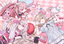  1boy 2girls alternate_costume arm_warmers belt black_ribbon blonde_hair bow bracelet braid checkered_floor choker collared_dress commentary crossdressing crossdressing_(mtf) debitto_(makaino_ririmu) dress fingernails frills genderswap genderswap_(mtf) green_eyes grey_hair hair_bow hair_ornament hair_ribbon hair_spread_out hairband heart heart-shaped_mirror heart-shaped_pillow highres holding holding_mirror humhumnko jewelry lips lipstick loser_kings lying makaino_ririmu makeup midriff_peek mirror mole mole_under_eye multicolored_hair multiple_braids multiple_girls multiple_rings nail_art nail_polish neck_ribbon necklace nijisanji on_back on_floor on_stomach parted_lips pearl_necklace pillow pink_choker pink_eyes pink_hair pink_scrunchie pink_tank_top pointy_ears pom_pom_(clothes) pom_pom_hair_ornament puffy_short_sleeves puffy_sleeves quad_braids red_belt red_dress red_eyes ribbon ring ringlets sanya_(nijisanji) scrunchie short_sleeves stuffed_animal stuffed_toy tank_top toy_gun uzuki_kou virtual_youtuber wand white_bow white_choker white_dress white_nails wrist_scrunchie x_hair_ornament 