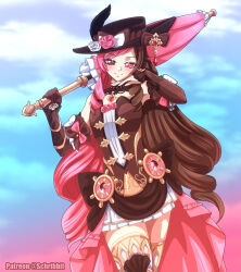  1girl bare_shoulders blue_sky blush bow brown_bow brown_eyes brown_gloves brown_hair brown_hat closed_mouth clouds commentary cosplay cowboy_shot day dress elbow_gloves english_commentary eyelashes flower genshin_impact gloves hat hat_bow hat_feather hat_flower heterochromia highres holding holding_umbrella multicolored_hair navia_(genshin_impact) navia_(genshin_impact)_(cosplay) neopolitan_(rwby) patreon_username pink_eyes pink_flower pink_hair rwby schrwby sky smile solo split-color_hair split_mouth umbrella white_bow white_dress white_flower 