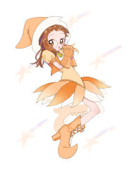  1girl :d boots bracelet commentary cropped_jacket dress earrings fujiwara_hazuki full_body glasses gloves hat high_heel_boots high_heels highres jacket jewelry knee_up lace-up_boots leg_up looking_at_viewer magical_girl mashiro medium_hair ojamajo_doremi open_clothes open_jacket open_mouth orange_boots orange_dress orange_eyes orange_gloves orange_hair orange_hat orange_jacket own_hands_clasped own_hands_together pointy_boots puffy_short_sleeves puffy_sleeves raised_eyebrows round_eyewear short_dress short_sleeves smile solo sphere_earrings twitter_username untranslatable_commentary white_background witch witch_hat 