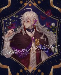  1boy ahoge blue_background blue_border border brown_cape bug butterfly butterfly_brooch butterfly_on_hand cape closed_mouth collared_shirt colored_eyelashes colored_inner_hair commission constellation cross cross_earrings crystal_print diamond_(shape) ear_covers earrings flower frilled_sleeves frills gauze gauze_on_cheek gem glowing_butterfly hair_between_eyes hand_up highres irregular_border jewelry long_hair looking_to_the_side male_focus multicolored_hair nekohai_darake open_clothes open_vest original outside_border purple_butterfly purple_gem red_eyes red_hair red_vest rose shirt slit_pupils smile solo star_(symbol) turtleneck turtleneck_shirt turtleneck_under_shirt undershirt upper_body vest white_flower white_hair white_rose white_shirt 