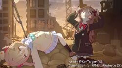  2girls absurdres aqua_bow aqua_bowtie arms_up badge black_cardigan black_skirt black_socks black_thighhighs blue_sailor_collar blue_skirt bow bowtie broken_heart broken_heart_hair_ornament brown_hair brown_shoes button_badge cardigan clenched_teeth collared_shirt commentary commission crying crying_with_eyes_open death dress_shirt english_commentary evil_neuro-sama evil_neuro-sama_(1st_costume) from_side hair_between_eyes hair_ornament hair_ribbon hands_on_own_head heart heart_hair_ornament highres kattaiger kneeling long_hair long_sleeves lying miniskirt multiple_girls neuro-sama neuro-sama_(1st_costume) on_back outdoors pleated_skirt red_bow red_bowtie red_eyes red_ribbon ribbon rubble sailor_collar shirt shoes siblings single_thighhigh sisters skirt socks tears teeth thigh-highs twins two_side_up vedal_ai white_shirt yellow_cardigan 