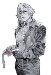  1girl alternate_costume arlecchino_(genshin_impact) artist_name chain commentary english_commentary genshin_impact greyscale highres jacket keibleh leather leather_jacket monochrome red_eyes red_nails 