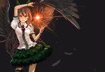  1girl black_hair black_wings bow bracelet brown_hair feathers fireball hair_bow jewelry lipstick long_hair makeup prototype-d red_eyes reiuji_utsuho simple_background skirt smile solo source_request standing touhou wings 