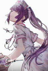  1girl absurdres back bakemonogatari cokei commentary_request cross cross_necklace from_side hair_ornament hair_ribbon hat high_ponytail highres holding holding_syringe jewelry looking_at_viewer monogatari_(series) necklace nurse nurse_cap ponytail purple_hair ribbon senjougahara_hitagi shirt short_sleeves sidelocks skirt solo stethoscope syringe violet_eyes white_background white_shirt 