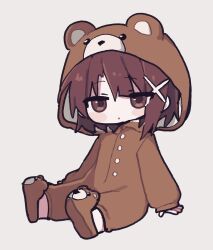  1girl :o animal_hood animal_slippers arm_support bear_hood bear_slippers brown_eyes brown_hair brown_pajamas full_body hair_ornament hand_on_ground highres hood iwakura_lain long_sleeves pajamas serial_experiments_lain simple_background sitting slippers solo white_nails x_hair_ornament yeolomang 