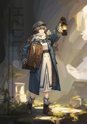  1girl absurdres ankle_boots arm_up belt blue_coat blue_eyes blue_neckerchief boots brown_boots brown_gloves brown_hair carrying carrying_under_arm cave chinese_commentary coat commentary_request dress full_body gloves grass grey_hat hat highres holding holding_lantern holding_suitcase huazhadi lantern legs_apart long_dress long_hair looking_up marcus_(reverse:1999) neckerchief newsboy_cap reverse:1999 scarf socks solo standing suitcase watermark white_dress white_scarf 
