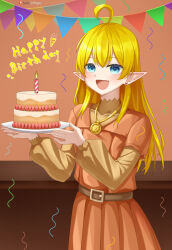  1girl :d absurdres ahoge belt birthday birthday_cake blonde_hair blue_eyes brown_belt brown_dress cake candle commission commissioner_upload dress elf fire food happy_birthday highres holding holding_cake holding_food holding_plate indoors jewelry layered_sleeves long_hair long_sleeves looking_at_viewer lori_hagami lotte_farona necklace official_art open-mouth_smile open_mouth orange_dress pendant plate pointy_ears short_over_long_sleeves short_sleeves smile solo string_of_flags trembling ways_of_darkness_(series) 