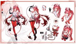  :d ;d absurdres black_boots black_gloves boots bottle breasts commentary concept_art demon_horns demon_tail dress full_body gloves gradient_hair gun hat highres holding holding_gun holding_weapon horns jacket long_hair looking_at_viewer multicolored_hair multiple_views nurse nurse_cap one_eye_closed open_mouth original pantyhose pupik red_eyes red_hair red_pantyhose shoes smile standing stuffed_animal stuffed_toy tail teddy_bear twintails untranslatable_commentary very_long_hair weapon white_dress 