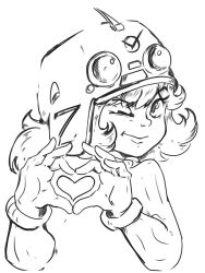  1girl bad_source buhanka-chan fluffy_hair heart heart_hands helmet highres long_sleeves medium_hair monochrome mr._skotina one_eye_closed original personification ribbed_sweater russian_ground_forces russo-ukrainian_war sketch smile solo sweater z_(russian_symbol) 