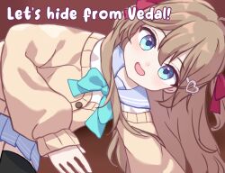  1girl ahoge allyphia_sub aqua_bow aqua_bowtie bent_over black_thighhighs blue_eyes blue_sailor_collar blue_skirt bow bowtie brown_hair cardigan commentary english_commentary english_text hair_between_eyes hair_ornament hair_ribbon heart heart_hair_ornament highres long_hair long_sleeves miniskirt neuro-sama neuro-sama_(1st_costume) open_mouth pleated_skirt red_ribbon ribbon sailor_collar skirt solo thigh-highs two_side_up vedal_ai virtual_youtuber yellow_cardigan 