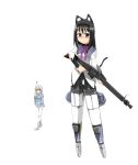  2girls absurdres akemi_homura animal_ears black_hair black_legwear cat_ears crossover eila_ilmatar_juutilainen eroero884 gun highres long_hair magical_girl mahou_shoujo_madoka_magica military military_uniform multiple_girls pantyhose salmiakki simple_background strike_witches striker_units uniform weapon white_legwear 