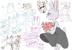  ... 1boy 1girl alternate_costume anger_vein angry animal_ears arrow_(symbol) bare_shoulders black_dress black_eyes blush body_fur bouquet chibi chibi_inset commentary_request crying curtsey dress eyewear_on_head facing_away floating_clothes flower flying_sweatdrops fox_boy fox_ears furry furry_female furry_male grabbing_another's_arm grey_fur hand_on_another's_back holding holding_bouquet judy_hopps leaning_forward meme_(penpengusa_no_meme) multiple_views nick_wilde no_sclera partial_commentary pink_flower pink_rose pout puff_of_air rabbit_ears rabbit_girl rabbit_tail rose short_tail simple_background sketch sleeveless sleeveless_dress snowman speech_bubble spoken_ellipsis sunglasses tail talking tears thought_bubble translation_request two-tone_fur white_background white_fur zootopia 