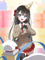  1girl :d absurdres birthday_party black_hair black_shirt black_thighhighs blue_eyes blue_ribbon blush bow brown_cardigan cardigan collared_shirt commentary confetti cowboy_shot creature dot_nose double-parted_bangs earrings fingernails gift haedungi_(shirayuki_hina) hair_bow hair_ornament hands_up hat heart heart_earrings heart_hair_ornament highres jewelry layered_sleeves long_hair long_sleeves looking_at_viewer miniskirt nail_polish necktie notice_lines open_mouth own_hands_together palms_together party_hat pleated_skirt red_bow red_nails red_necktie red_skirt ribbon sanis2_s school_uniform shirayuki_hina shirt skirt sleeves_past_wrists smile solo standing stellive straight_hair thigh-highs undershirt virtual_youtuber white_shirt zettai_ryouiki 