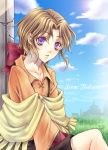  androgynous bow brown_hair grass hair_ribbon linne_(254623) lowres male poncho purple_eyes ribbon shorts sitting sky solo tim_rhymeless violet_eyes wild_arms wild_arms_2 