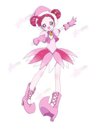  1girl :d arm_up boots bracelet commentary cropped_jacket double_bun dress earrings full_body gloves hair_bun hair_ornament harukaze_doremi hat high_heel_boots high_heels highres jacket jewelry lace-up_boots looking_at_viewer magical_girl mashiro musical_note musical_note_hair_ornament ojamajo_doremi open_clothes open_jacket open_mouth outstretched_arm pink_boots pink_dress pink_gloves pink_hair pink_hat pink_jacket pointy_boots puffy_short_sleeves puffy_sleeves raised_eyebrows red_eyes red_hair short_dress short_hair short_sleeves smile solo sphere_earrings twitter_username untranslatable_commentary white_background witch witch_hat 