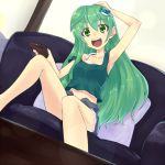  armpits camisole casual collarbone contemporary couch frog green_eyes green_hair hair_ornament kochiya_sanae long_hair midriff navel open_mouth remote saemon saemon_(tonpura) sitting snake solo strap_slip tank_top touhou 