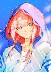  1girl absurdres blue_coat blue_hood blue_sky braid closed_mouth coat collarbone commentary_request highres hood hood_up hooded_coat kaf_(kamitsubaki_studio) kamitsubaki_studio long_hair long_sleeves looking_to_the_side open_clothes open_coat pink_hair pulanali red_pupils shirt sky solo twin_braids twintails violet_eyes virtual_youtuber white_shirt yellow_pupils 