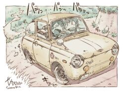  0_0 2girls black_hair car closed_eyes commentary_request day dirt_road driving dust_cloud grass kogure_yuzuha looking_at_another momose_riko motor_vehicle multiple_girls open_mouth outdoors radio_antenna road sekihan short_hair signature sound_effects subaru_(brand) subaru_r-2 vehicle_focus vehicle_name white_car zesshaka!_shiritsu_yotsuwa_joshi_gakuin_zetsumetsu_kigu-sha_gakka 