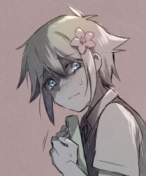  1boy antenna_hair basil_(faraway)_(omori) basil_(omori) blonde_hair blue_eyes book closed_mouth collared_shirt commentary_request double-parted_bangs flower hair_between_eyes hair_flower hair_ornament holding holding_book looking_at_viewer male_focus manimani_(mani_ma) omori shirt short_hair short_sleeves sidelocks sweatdrop sweater_vest white_shirt 