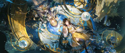  2girls :d absurdres arm_up armillary_sphere black_hair black_thighhighs blonde_hair blue_flower brown_eyes bubble chinese_commentary christmas_star chrysanthemum closed_mouth commentary_request constellation cowboy_shot dragon eastern_dragon flower from_above full_body gem grey_eyes hair_ornament heterochromia highres huntianyi_(wuhua_mixin) long_hair looking_at_viewer lying miniskirt multiple_girls on_back open_mouth pearl purple_shirt rotational_symmetry seal_script shachang shirt skirt smile sparkle star_(sky) starry_sky_background thigh-highs tianqiuyi_(wuhua_mixin) very_long_hair watermark waves white_flower white_shirt wuhua_mixin yellow_eyes yellow_skirt 
