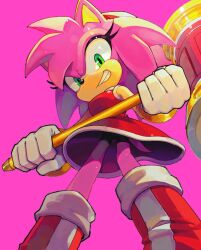  1girl amy_rose animal_ears black_shorts bracelet brushteethjaxx dress fang furry furry_female gloves gold_bracelet green_eyes hammer hedgehog hedgehog_girl highres holding holding_hammer jewelry looking_at_viewer pink_background pink_fur red_dress shorts shorts_under_skirt simple_background smile spines toy_hammer white_gloves 
