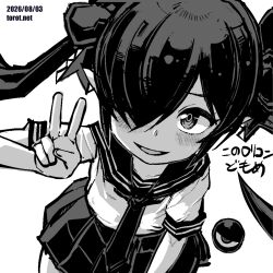  1girl backbeako_(torotei) backbeard blush commentary dated dated_commentary gegege_no_kitarou greyscale hair_over_one_eye hair_ribbon kono_lolicon_domome leaning_forward long_hair looking_at_viewer monochrome necktie original paid_reward_available parted_lips pleated_skirt pointy_ears ribbon sailor_collar school_uniform serafuku shirt short_sleeves simple_background skirt smile solo torotei translated twintails upper_body v web_address white_background 