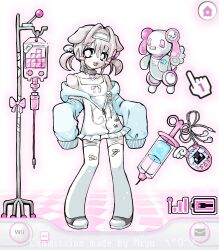  1girl absurdres bandaid bandaid_on_leg blue_sleeves blush bow collar commission dog_girl game_console grey_shoes hair_ornament hand_cursor highres imoutomagical intravenous_drip low_twintails needle non-humanoid_robot original paw_print pink_bow robot robot_animal robot_dog shirt shoes short_twintails sleeves_past_fingers sleeves_past_wrists tamagotchi tamagotchi_(virtual_pet) twintails virtual_pet_(toy) wappy_dog white_shirt wii wing_hair_ornament zipper 