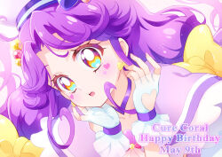  1girl beads blue_eyes bow bow_earrings bright_pupils capelet character_name choker commentary_request cure_coral dated earrings facial_mark fingerless_gloves floating_hair frilled_capelet frills gloves hair_beads hair_bow hair_ornament hand_on_own_cheek hand_on_own_face hands_up happy_birthday hat hat_bow hat_ribbon heart heart_facial_mark jewelry long_hair looking_at_viewer magical_girl mini_koala multicolored_eyes open_mouth orange_eyes precure purple_bow purple_capelet purple_choker purple_hair purple_ribbon ribbon solo suzumura_sango tropical-rouge!_precure violet_eyes white_gloves white_hat white_pupils wrist_ribbon yellow_bow 