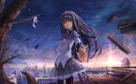  akemi_homura black_hair black_legwear cityscape hairband kyubey long_hair magical_girl mahou_shoujo_madoka_magica outstretched_hand pantyhose purple_eyes sarari_zoom solo tears violet_eyes 