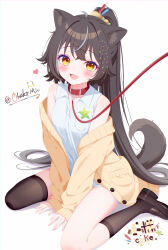  1girl absurdly_long_hair absurdres animal_collar animal_ears bottomless breasts brown_hair brown_shoes brown_socks candle_hair_ornament cardigan chinese_commentary collar commentary_request dog_ears dog_girl dog_tail fang grey_streaks hair_ornament hair_sprinkles heart highres kneehighs leash loafers long_hair long_sleeves looking_at_viewer multicolored_hair ohako_miyu open_cardigan open_clothes open_mouth orange_eyes original pocky_hair_ornament ponytail red_collar shirt shoes simple_background sitting skin_fang sleeveless sleeveless_shirt small_breasts smile socks sprinkles streaked_hair tail thighs very_long_hair wariza white_background yellow_cardigan 
