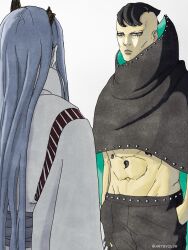  2boys abs artbyolvr black_cloak black_hair boruto:_two_blue_vortex boruto_(series) cheekbones cloak commentary english_commentary grey_hair hand_in_pocket highres horns japanese_clothes jura_(boruto) lips long_hair magatama_tattoo male_focus midriff mohawk multiple_boys naruto_(series) ootsutsuki_momoshiki ringed_eyes rinnegan robe twitter_username very_long_hair white_robe 