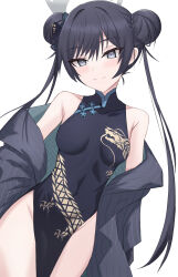  1girl absurdres bare_legs bare_shoulders black_hair black_jacket blue_archive blue_eyes breasts breasts_apart chinese_clothes closed_mouth collarbone collared_dress commentary covered_navel cowboy_shot dated_commentary double_bun dress dutch_angle grey_halo groin hair_bun halo head_tilt high_collar highres jacket kisaki_(blue_archive) light_blush long_hair looking_at_viewer no_panties off_shoulder open_clothes open_jacket pinstripe_jacket pinstripe_pattern qipao revision sleeveless sleeveless_dress small_breasts smile solo split_mouth white_background wrightia 