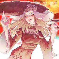  1girl 2025 anastasia_tarnished-eater artist_name cannibalism commentary dress elden_ring fromsoftware holding holding_sword holding_weapon hungry long_hair pointing portrait signature sword tongue tongue_out weapon y1422807535 yellow_eyes 