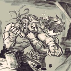  2boys bandaged_hand bandages bare_shoulders beer_mug belt belt_buckle blurry blurry_background buckle clenched_hands clenched_teeth commentary_request cowboy_shot cup earclip facial_hair fighting gloves hair_ornament hair_scrunchie highres indoors jun_(navigavi) long_hair looking_at_another male_focus motion_blur mug multiple_boys muscular muscular_male mustache nose old old_man original pants parted_lips plate ponytail punching scrunchie shirt short_hair tank_top tavern teeth 