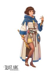  1girl belt blue_robe blunt_bangs bob_cut brown_eyes brown_hair buckler cleric commentary dress english_commentary english_text ff69_(ff69x) highres holding holding_mace holding_weapon hooded_robe jewelry last_arc:_tactics_analogue looking_at_viewer mace official_art potion priestess ring robe rosary sandals shield simple_background smile two-tone_robe weapon white_background white_robe yellow_dress 