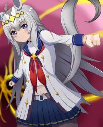  1girl ahoge animal_ears black_pantyhose blue_eyes blue_sailor_collar blue_skirt blush breasts brooch closed_mouth commentary_request ear_ornament grey_hair grey_tail hair_between_eyes hairband highres horse_ears horse_girl horse_tail jacket jewelry long_hair long_sleeves midriff multicolored_hair navel neckerchief oguri_cap_(starlight_beat)_(umamusume) oguri_cap_(umamusume) pantyhose pleated_skirt red_neckerchief sailor_collar shirt skirt star_brooch tail umamusume white_jacket white_shirt 