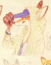  1boy adjusting_clothes adjusting_headwear alternate_costume animal_ears animal_nose baseball_cap blue_hat body_fur bracelet brown_fur closed_mouth colored_pencil_(medium) commentary_request ears_through_hood eyewear_hang fox_boy fox_ears green_eyes green_jacket grey_shirt half-closed_eyes hand_up hat hood hood_up hooded_jacket jacket jewelry licking_lips looking_at_viewer male_focus meme_(penpengusa_no_meme) multicolored_fur nick_wilde open_clothes open_jacket orange_fur partial_commentary profile shirt simple_background snout solo_focus tongue tongue_out traditional_media unworn_eyewear upper_body white_background white_fur zootopia 