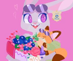  1girl :3 animal_ears animal_nose blue_flower body_fur bouquet buck_teeth candy carrot character_doll commentary_request doll ear_tag eyewear_on_head flower food furry furry_female grey_fur happy heart highres holding holding_bouquet holding_stuffed_toy judy_hopps lollipop looking_to_the_side meme_(penpengusa_no_meme) nick_wilde no_lineart open_mouth paw_print pink_background pink_flower police_badge rabbit_ears rabbit_girl sideways_glance simple_background smile solo straight-on stuffed_animal stuffed_fox stuffed_toy sunglasses teeth upper_body violet_eyes zootopia 