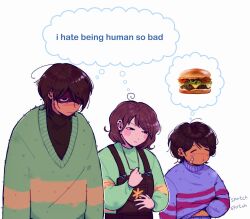  3others ^_^ ahoge bandaid bandaid_on_face black_shirt blush blush_stickers brown_hair brown_overalls burger cardigan chara_(undertale) child closed_eyes closed_mouth dark_skin deltarune empty_eyes english_commentary english_text fingernails floral_print food freckles frisk_(undertale) green_cardigan green_sweater hair_between_eyes hair_over_one_eye half-closed_eyes hands_up height_difference highres im_vess jewelry kris_(deltarune) long_sleeves looking_to_the_side multiple_others necklace other_focus overalls pocket puffy_long_sleeves puffy_sleeves purple_sweater red_eyes shirt short_hair simple_background single_stripe speech_bubble spoken_food striped_cardigan striped_clothes striped_sweater sweater thought_bubble turtleneck turtleneck_shirt turtleneck_sweater undertale upper_body utdr_(toby_fox) white_background 