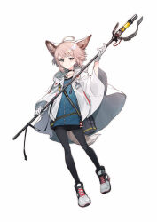  1girl ahoge animal_ears arknights black_choker black_pantyhose blue_dress blue_eyes choker cloak collarbone commentary_request cross dress fox_ears fox_girl fox_tail full_body gin_(oyoyo) gloves holding holding_staff hood hood_down hooded_cloak jacket looking_at_viewer material_growth open_clothes open_jacket oripathy_lesion_(arknights) pantyhose pouch red_cross shoes short_dress short_hair simple_background sneakers solo staff standing sussurro_(arknights) tachi-e tail white_background white_cloak white_gloves white_jacket wide_sleeves 
