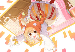  1girl :d asymmetrical_legwear braid brown_eyes brown_hair brown_pantyhose brown_skirt chair computer_keyboard eggshell en@rain feet_out_of_frame fork_hair_ornament hair_ornament highres kirara_tamako kirara_tamako_(1st_costume) long_sleeves mismatched_legwear nijisanji office_chair pantyhose red_pantyhose skirt smile solo striped_clothes striped_skirt swivel_chair twin_braids twintails upside-down vertical-striped_clothes vertical-striped_skirt virtual_youtuber white_skirt 