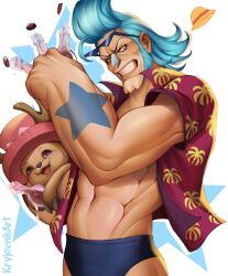  2boys abs antlers artist_name blue_hair bottle clenched_teeth commentary cowboy_shot eyewear_on_head franky_(one_piece) glass_bottle hat highres holding holding_bottle horns kryjovnikart looking_at_viewer male_focus male_swimwear multiple_boys muscular muscular_male one_piece open_clothes open_mouth open_shirt palm_tree_print pompadour reindeer_antlers shirt short_hair sideburns smile star_(symbol) straw_hat straw_hat_pirates sunglasses teeth tony_tony_chopper 